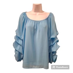 Baby Blue off Shoulder Top with Exaggerated Ruffled Sleeves Large